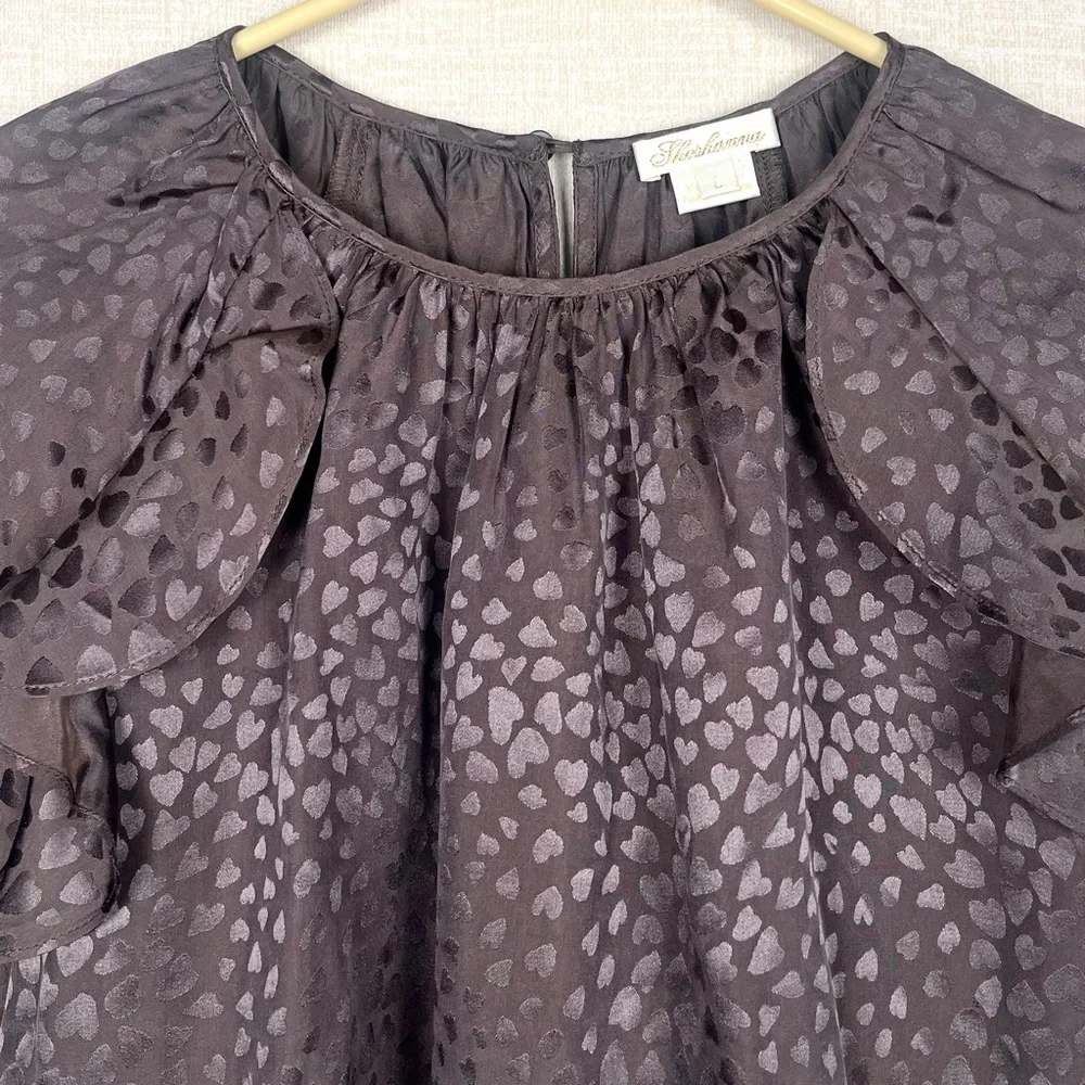 Shoshanna Brown Silk Satin Animal Heart Print Ruffled Blouse Top